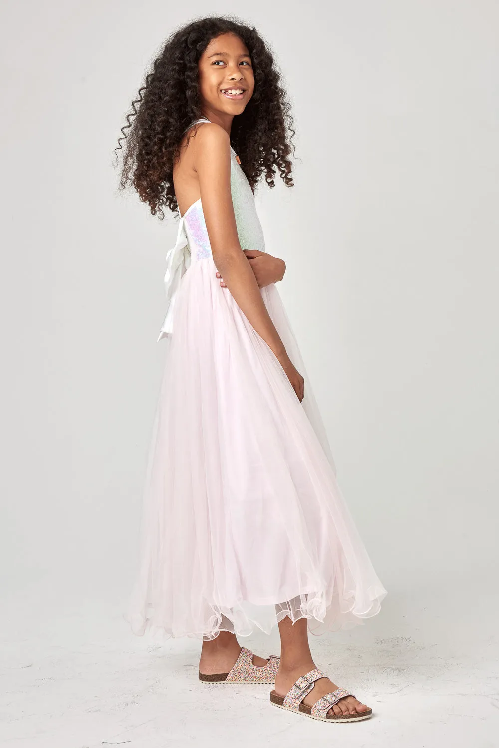 Kids Ivory Sequin Back Bow Midi Dress