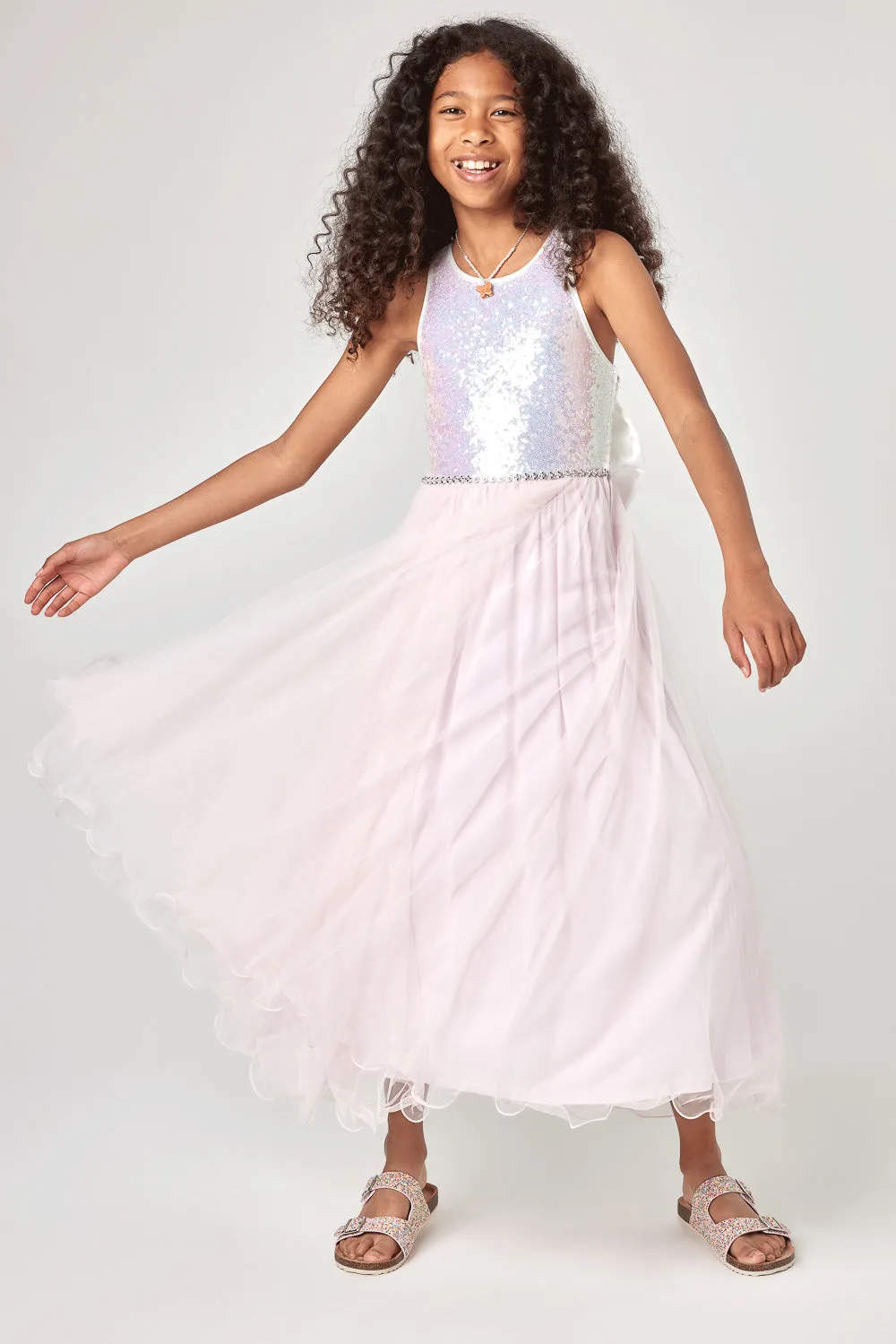 Kids Ivory Sequin Back Bow Midi Dress