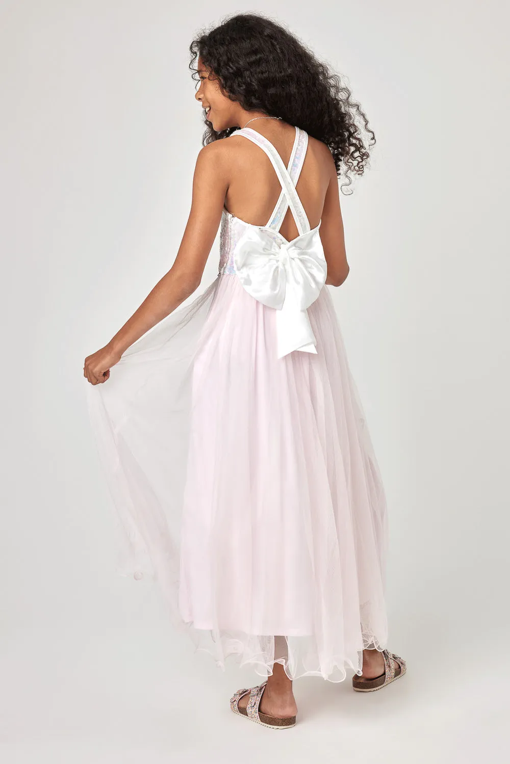 Kids Ivory Sequin Back Bow Midi Dress