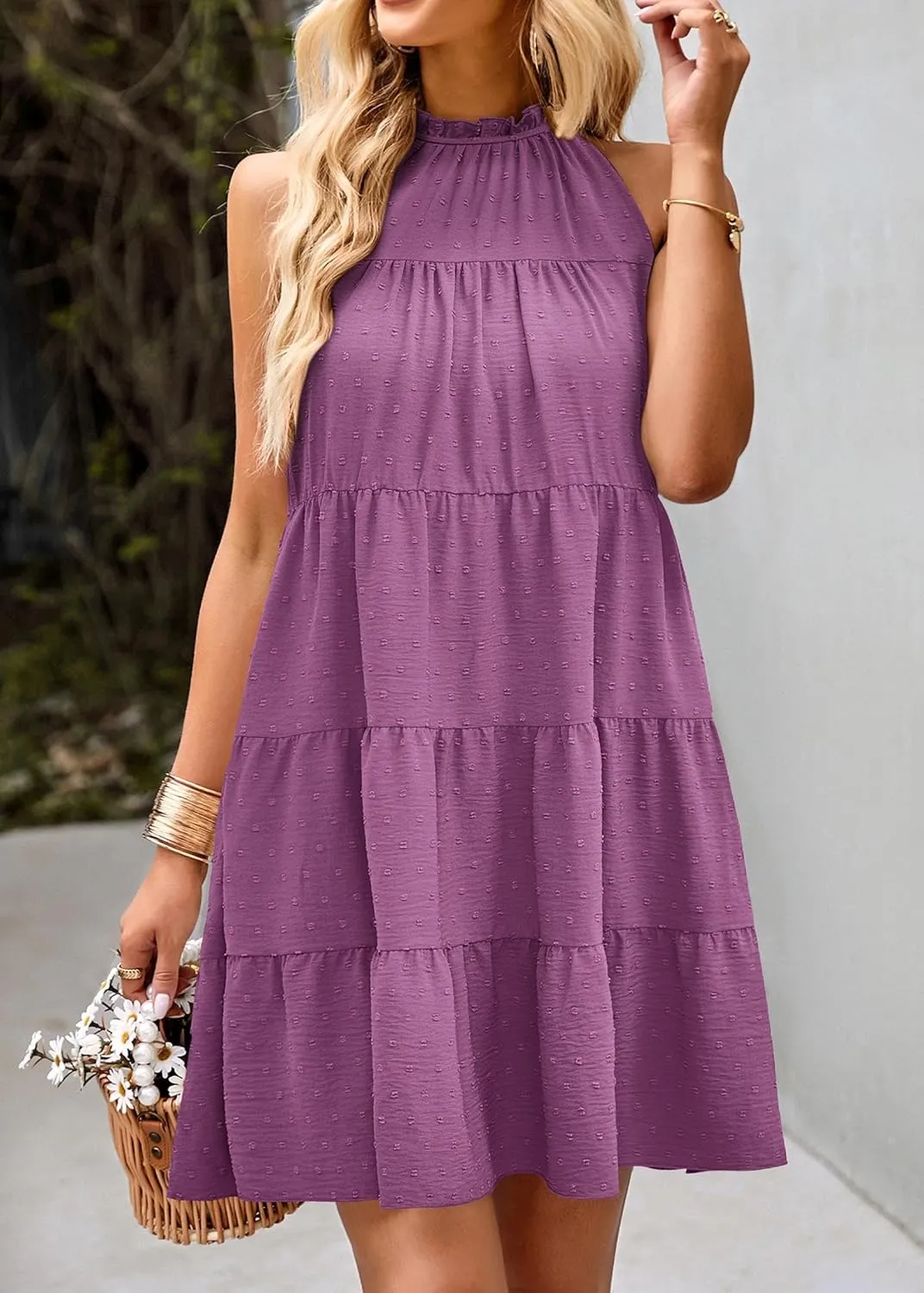 KIRUNDO Womens Summer Dresses 2025 Casual Halter Sundress Sleeveless Flowy Mini Babydoll Tiered Pleated Beach Dress