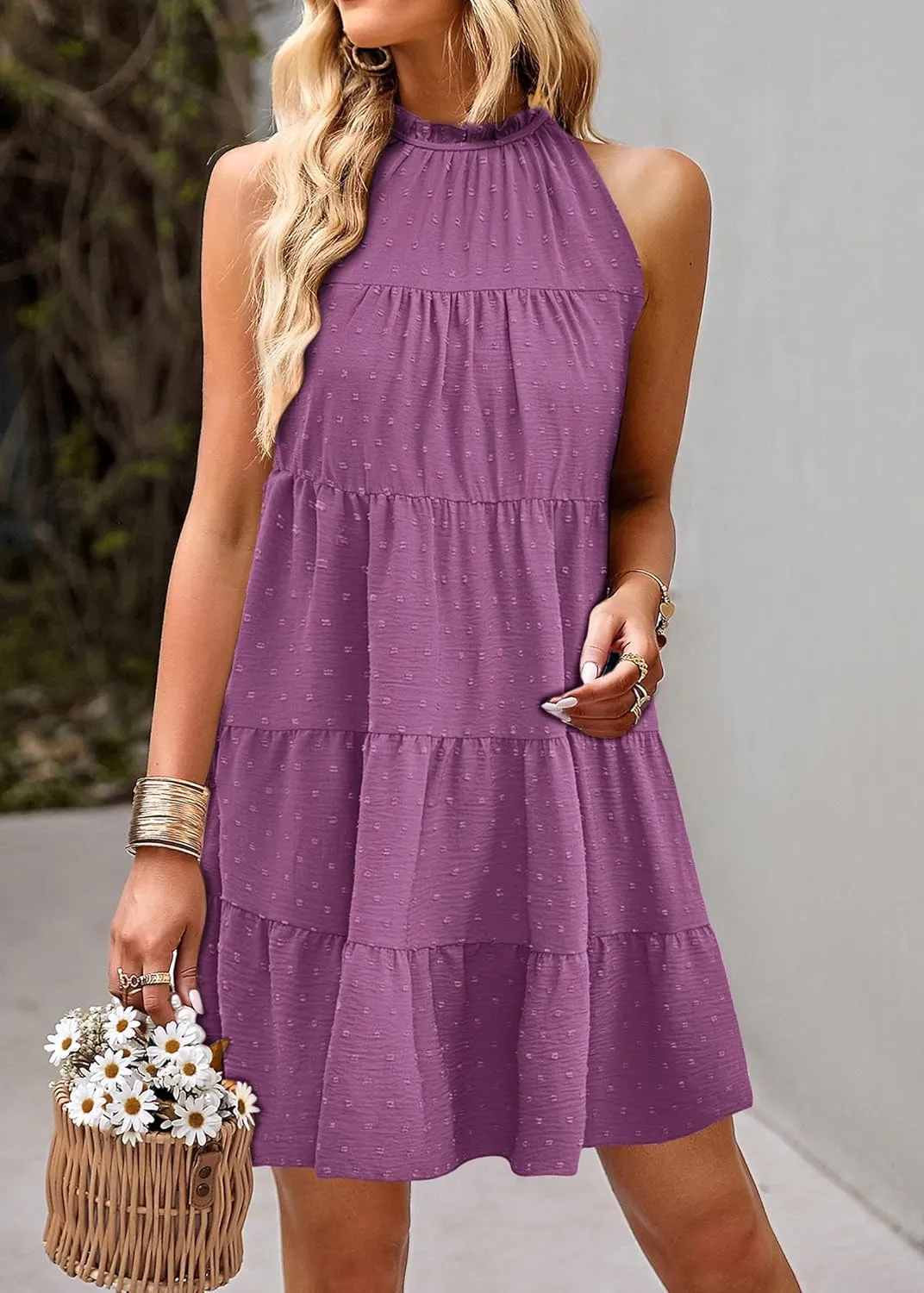 KIRUNDO Womens Summer Dresses 2025 Casual Halter Sundress Sleeveless Flowy Mini Babydoll Tiered Pleated Beach Dress
