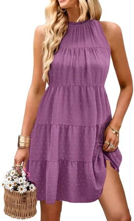KIRUNDO Womens Summer Dresses 2025 Casual Halter Sundress Sleeveless Flowy Mini Babydoll Tiered Pleated Beach Dress
