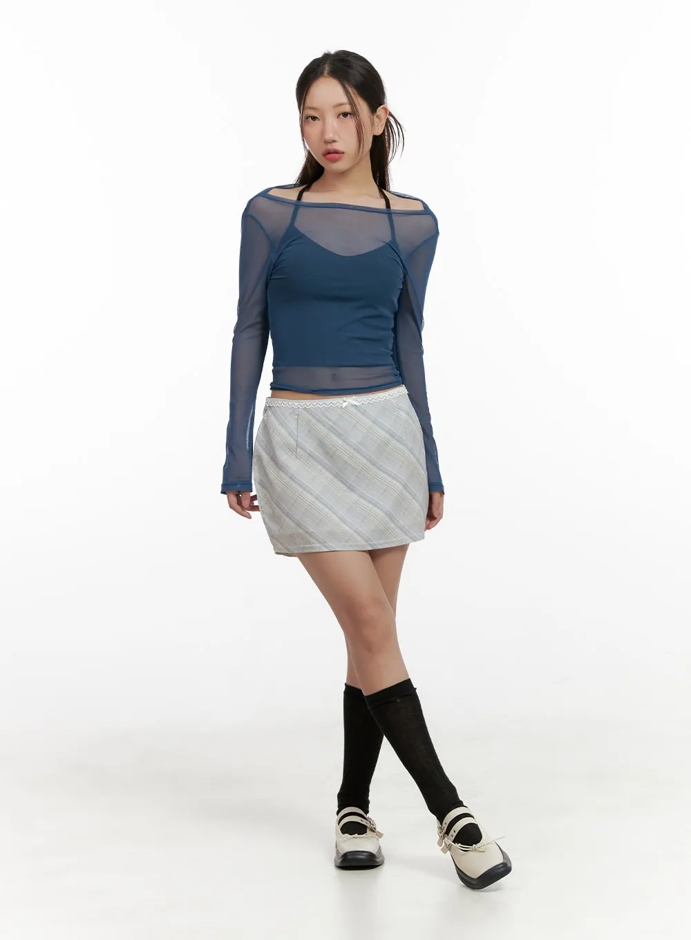 Lace Ribbon Checkered Mini Skirt CL431