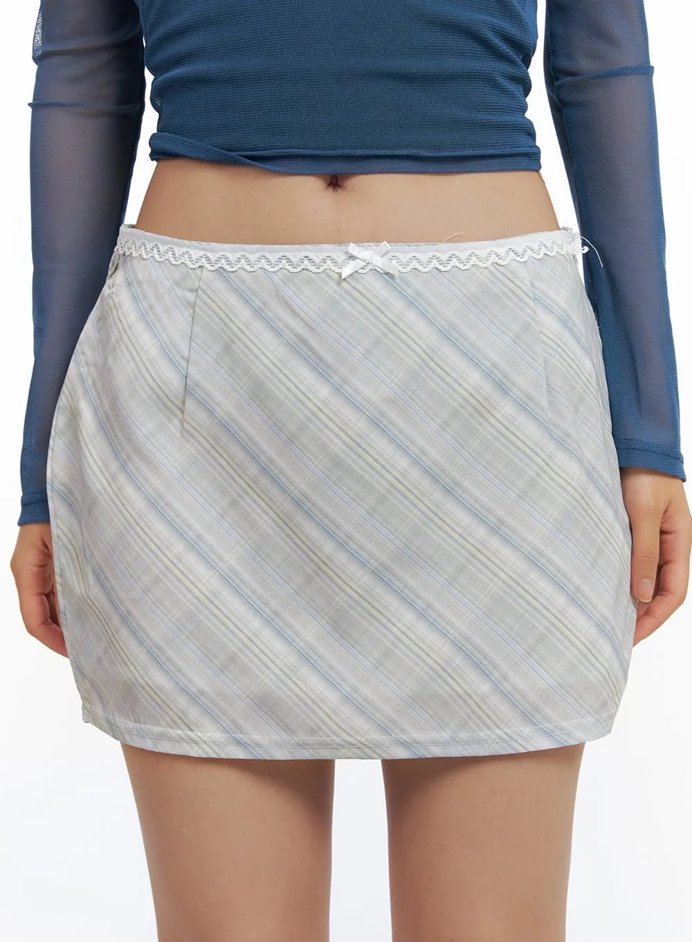 Lace Ribbon Checkered Mini Skirt CL431