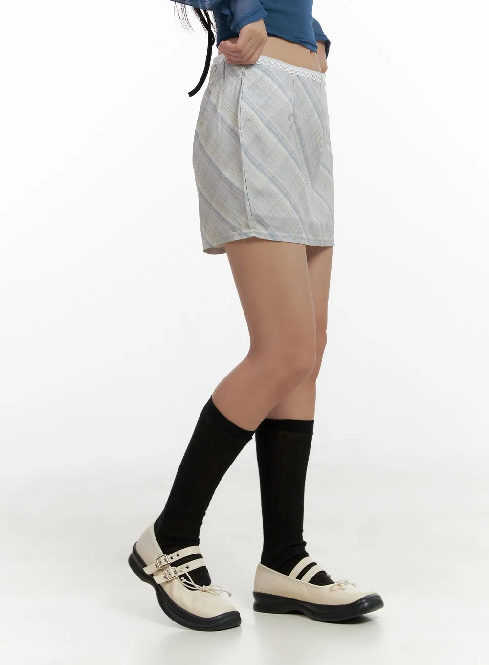 Lace Ribbon Checkered Mini Skirt CL431