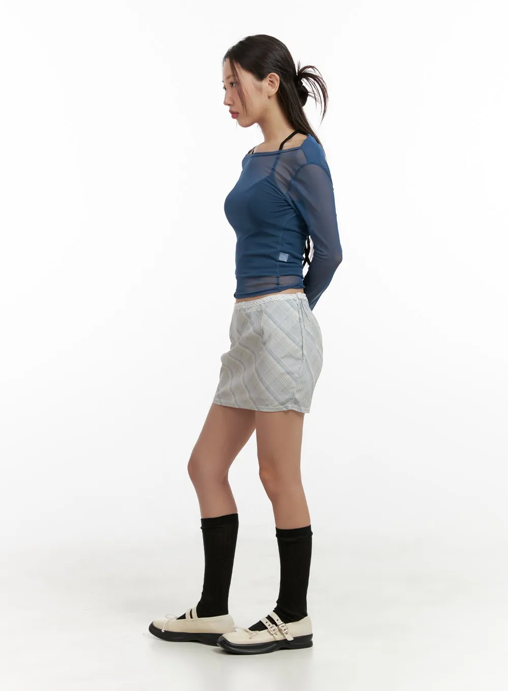 Lace Ribbon Checkered Mini Skirt CL431
