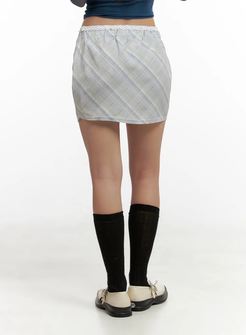 Lace Ribbon Checkered Mini Skirt CL431