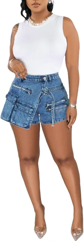 LETSVDO Women's Denim Shorts Cargo Y2k High Waisted Asymmetrical Pockets Jean Wrap Stretchy Skorts Streetwear Summer