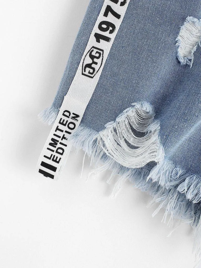 Letter Print Raw Hem Denim Shorts