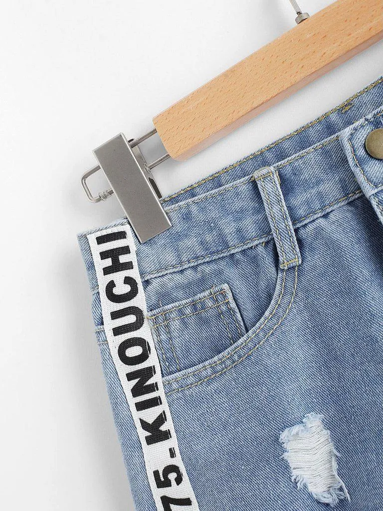 Letter Print Raw Hem Denim Shorts