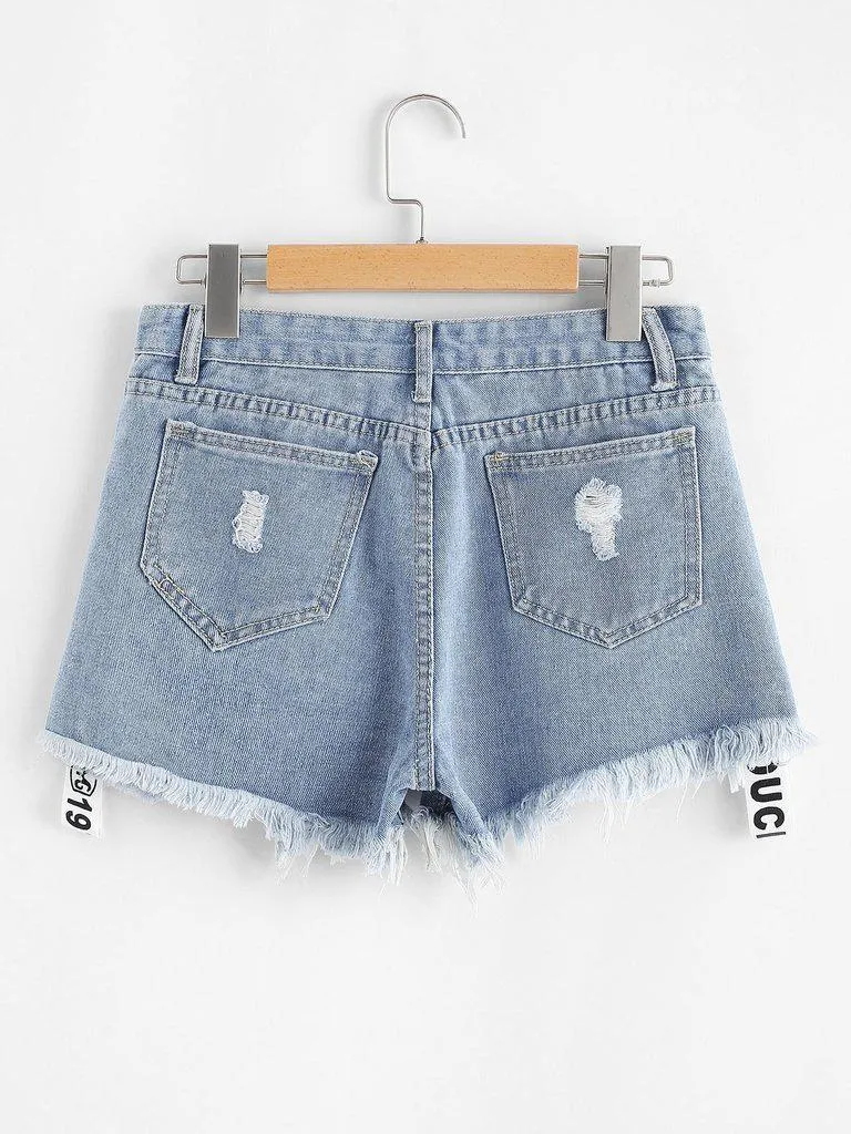 Letter Print Raw Hem Denim Shorts