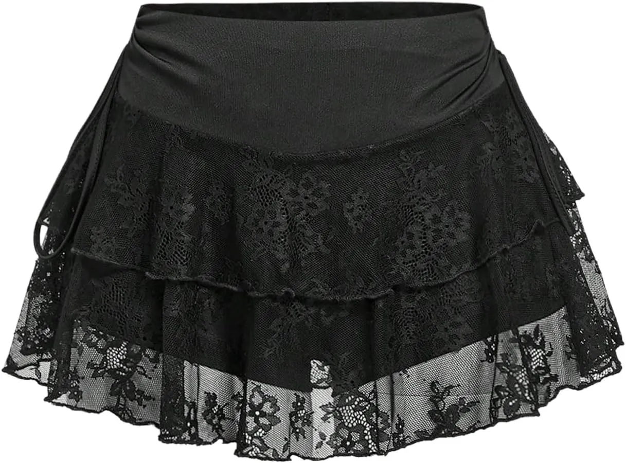 MakeMeChic Women's Floral Lace Mini Skirt Ruched Ruffle Layered Skorts Skirts