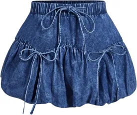 MakeMeChic Women's Plus Size Denim Skirt Bow Elastic Waist Ruffled Puffy A Line Y2k Bubble Mini Skirts