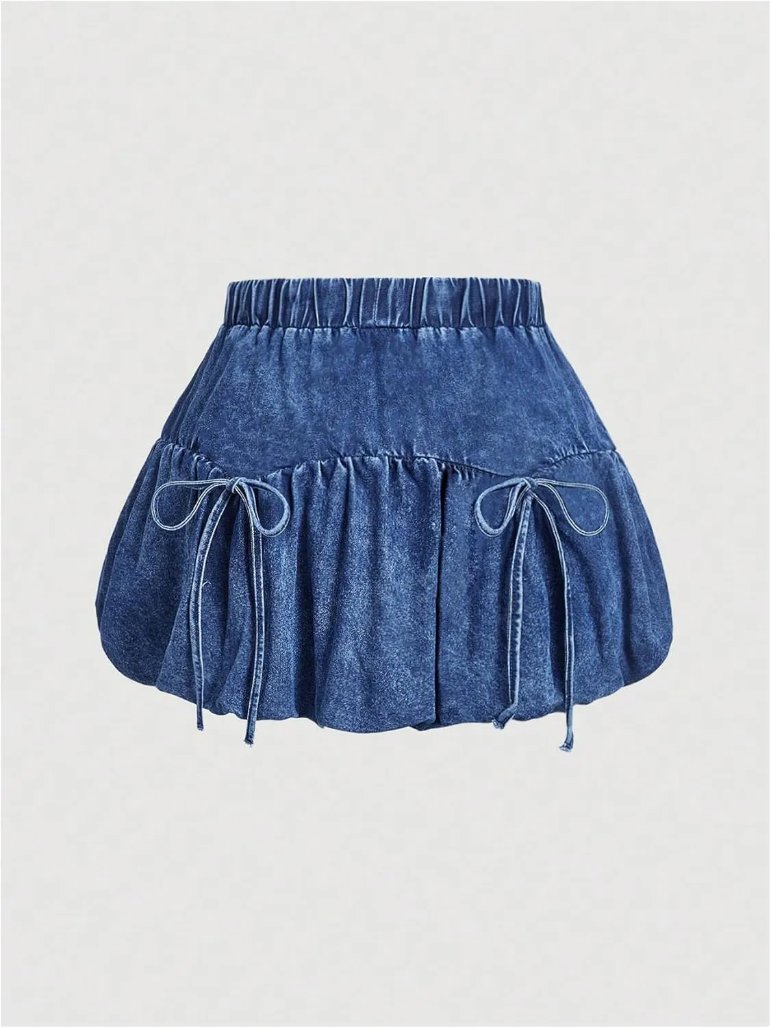 MakeMeChic Women's Plus Size Denim Skirt Bow Elastic Waist Ruffled Puffy A Line Y2k Bubble Mini Skirts