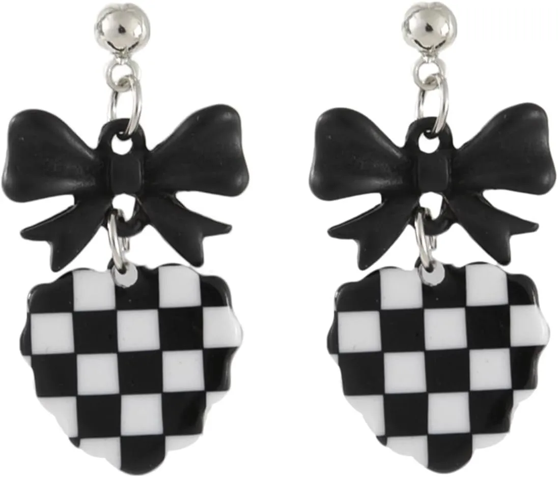 MALOYANVE Checkered Flag Earrings for Women Unique Cute Black White Striped Checkerboard Heart Geometric Dangle Drop Plaid Earrings Statement Minimalist Jewelry Gifts