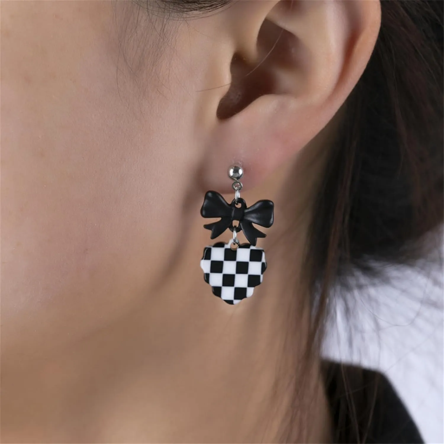 MALOYANVE Checkered Flag Earrings for Women Unique Cute Black White Striped Checkerboard Heart Geometric Dangle Drop Plaid Earrings Statement Minimalist Jewelry Gifts