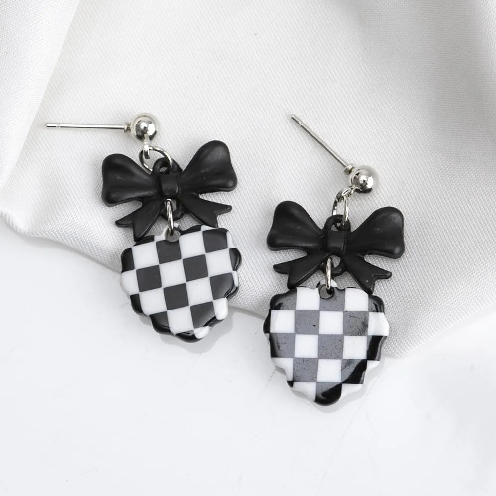 MALOYANVE Checkered Flag Earrings for Women Unique Cute Black White Striped Checkerboard Heart Geometric Dangle Drop Plaid Earrings Statement Minimalist Jewelry Gifts