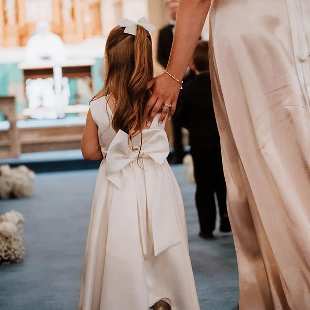 MCieloLuna Flower Girl Dresses for Wedding Bow-Knot Elegant Satin Princess First Communion Dresses