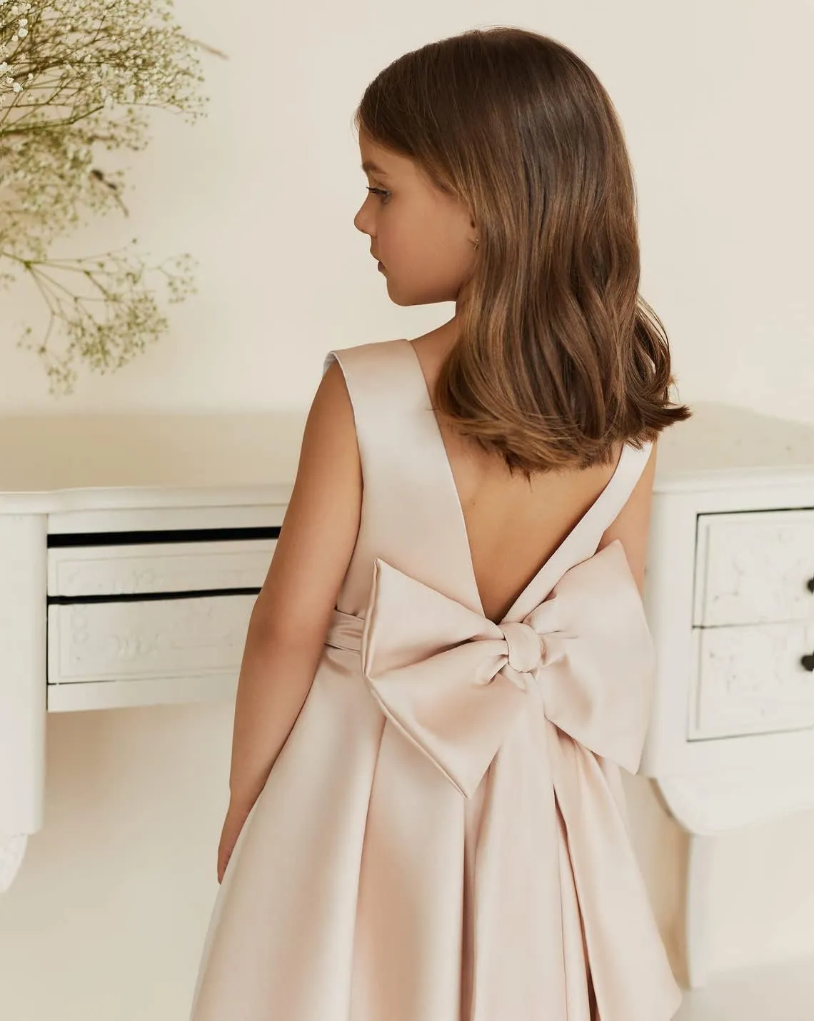 MCieloLuna Flower Girl Dresses for Wedding Bow-Knot Elegant Satin Princess First Communion Dresses