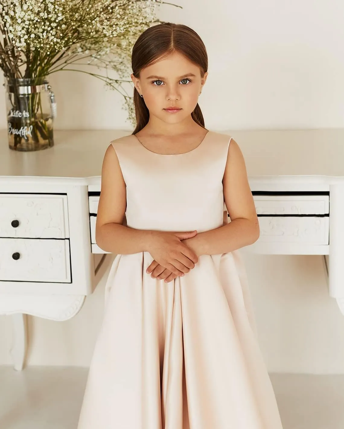 MCieloLuna Flower Girl Dresses for Wedding Bow-Knot Elegant Satin Princess First Communion Dresses