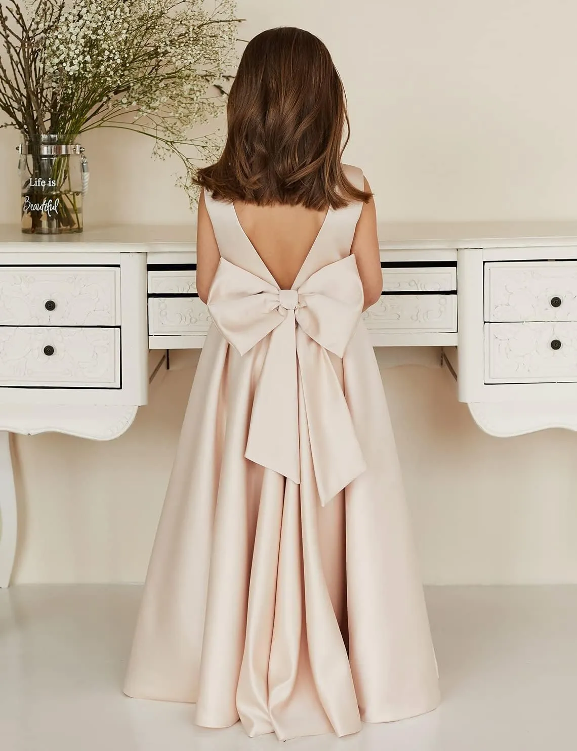 MCieloLuna Flower Girl Dresses for Wedding Bow-Knot Elegant Satin Princess First Communion Dresses