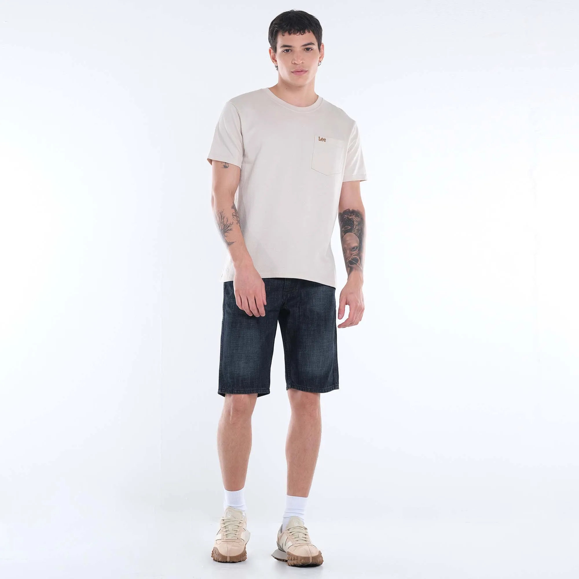 MENS SLIM DENIM SHORTS IN TINTED BLUE