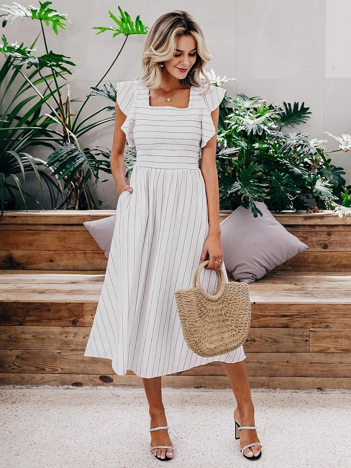Miessial Womens Casual Summer Midi Dress Short Sleeve Smocked Linen Dresses 2025 Boho Beach Wedding Guest Dress with Pockets