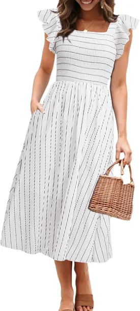 Miessial Womens Casual Summer Midi Dress Short Sleeve Smocked Linen Dresses 2025 Boho Beach Wedding Guest Dress with Pockets