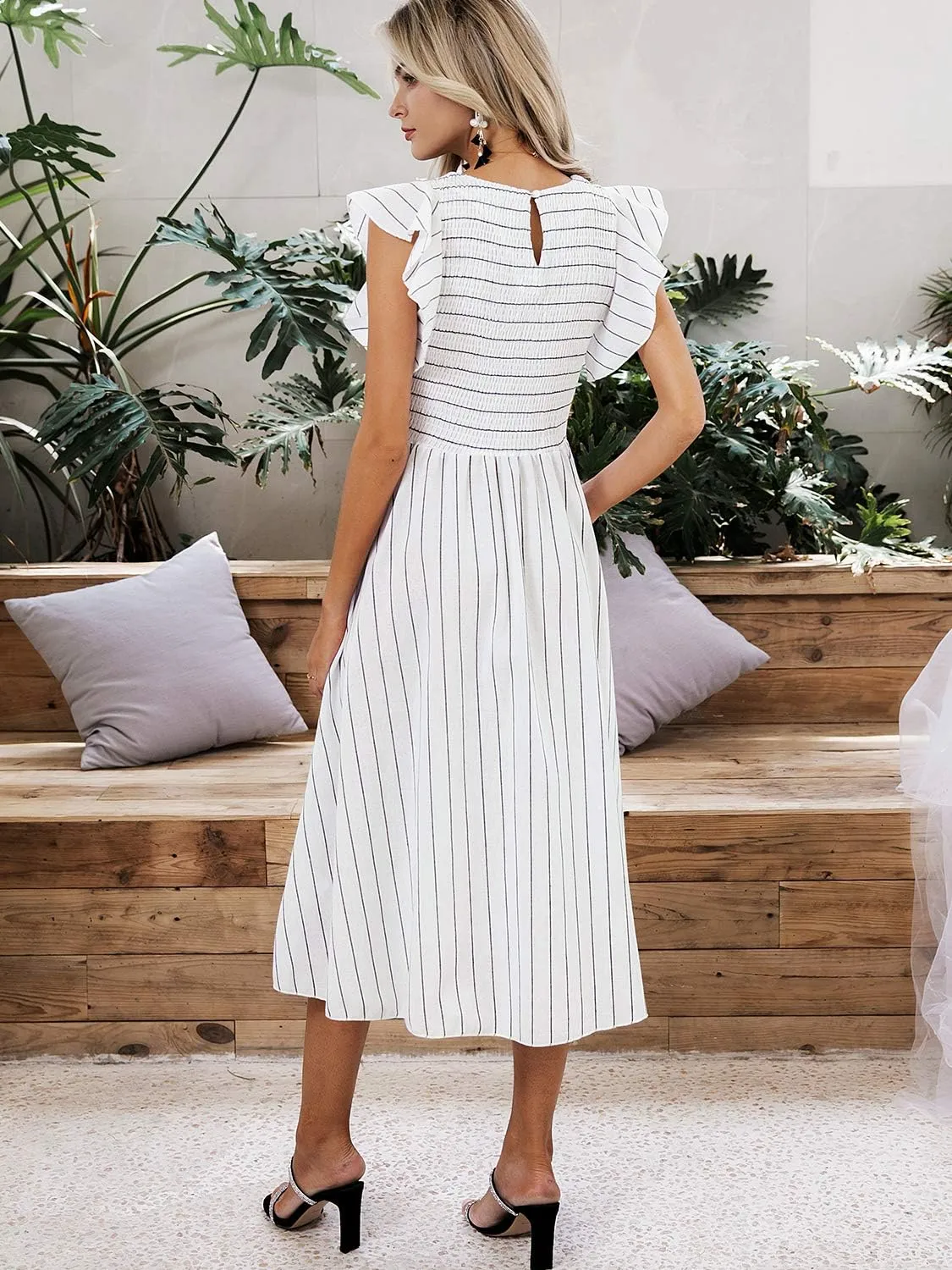 Miessial Womens Casual Summer Midi Dress Short Sleeve Smocked Linen Dresses 2025 Boho Beach Wedding Guest Dress with Pockets