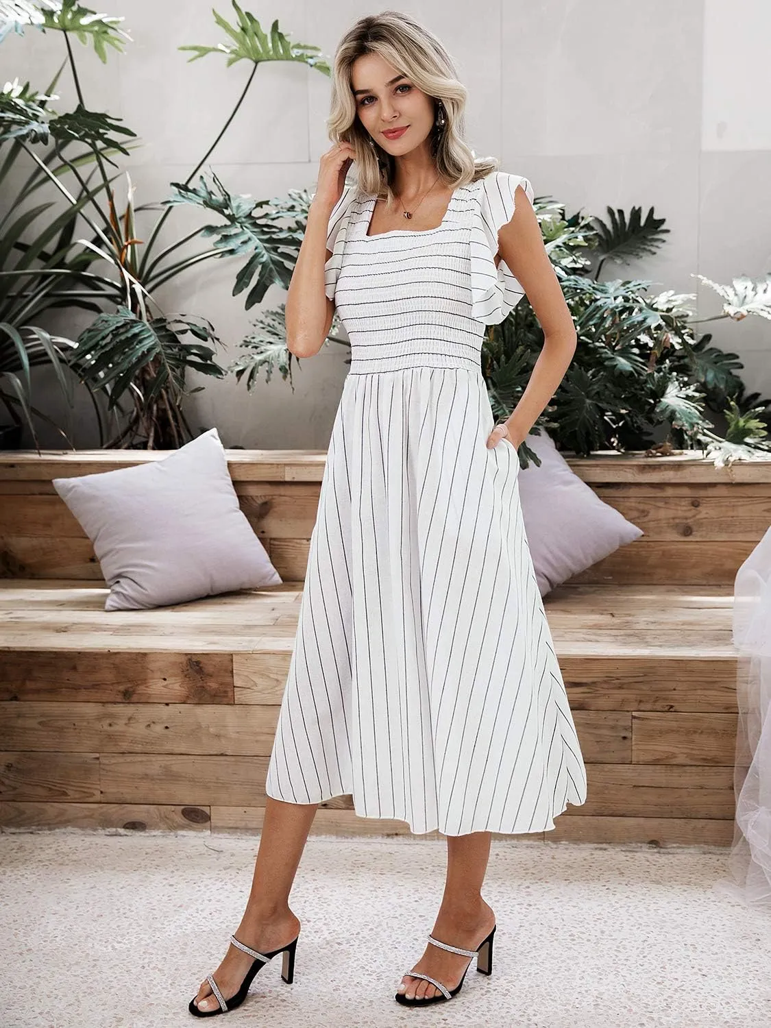 Miessial Womens Casual Summer Midi Dress Short Sleeve Smocked Linen Dresses 2025 Boho Beach Wedding Guest Dress with Pockets