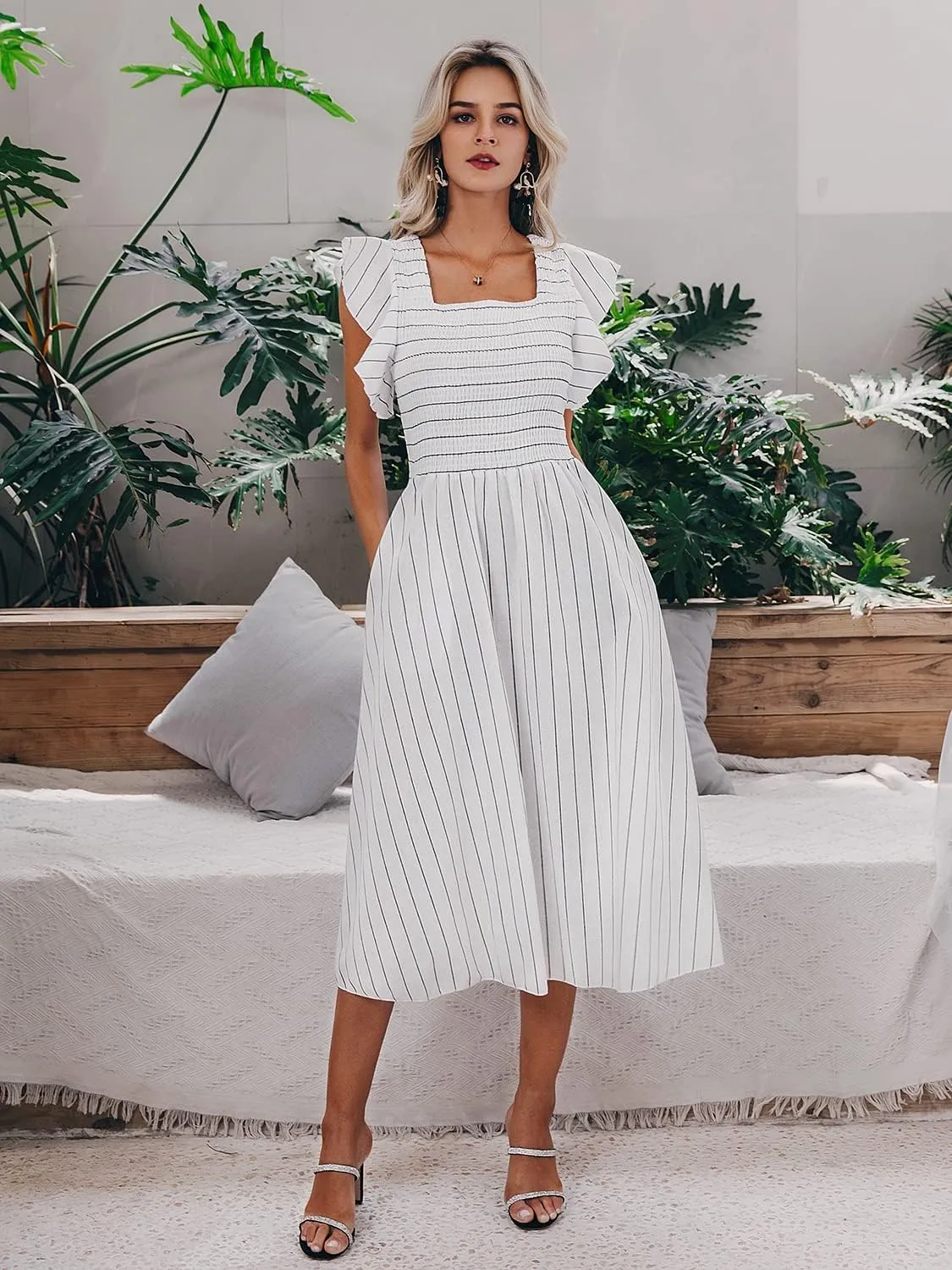 Miessial Womens Casual Summer Midi Dress Short Sleeve Smocked Linen Dresses 2025 Boho Beach Wedding Guest Dress with Pockets