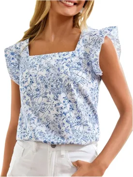 Milumia Women's Square Neck Boho Floral Ruffled Cap Sleeve Vacation Casual Blouse Tops