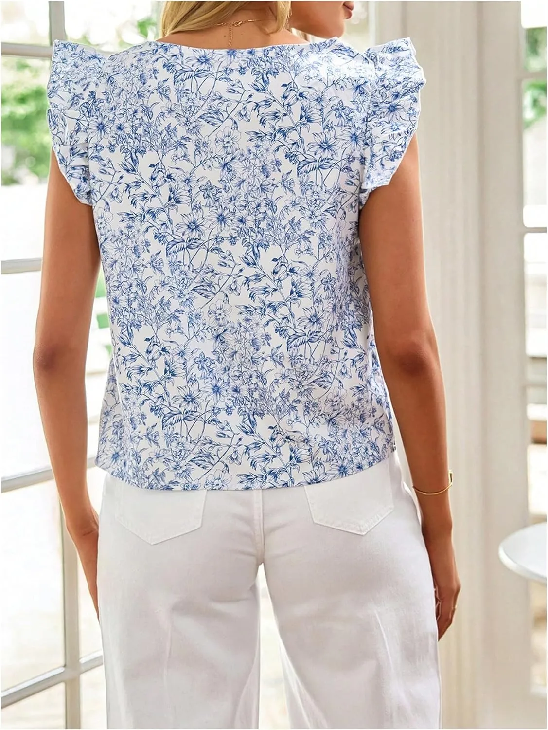 Milumia Women's Square Neck Boho Floral Ruffled Cap Sleeve Vacation Casual Blouse Tops