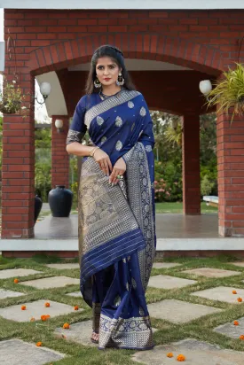 Navy Blue Weaving Banarasi Silk Festival Wear Saree