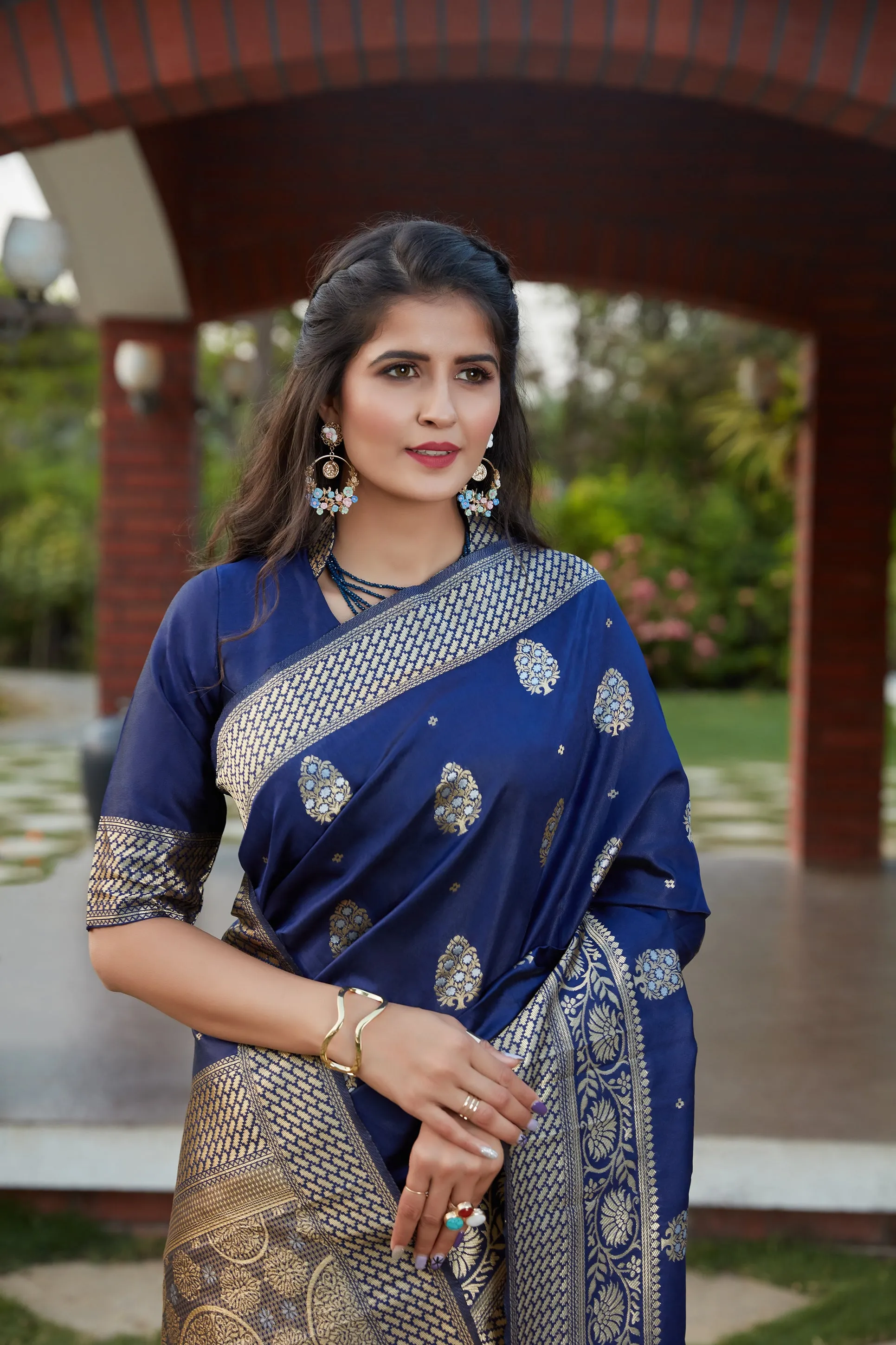 Navy Blue Weaving Banarasi Silk Festival Wear Saree