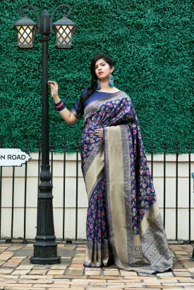 Navy Blue Weaving Banarasi Silk Festive Saree With Blouse