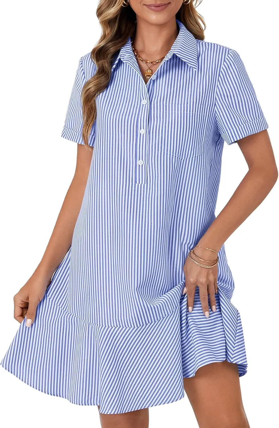 OPOIPIN Women's Collared V Neck Stripe Short Sleeve Button UP Ruffle Hem Shirt Tunic Mini Dress