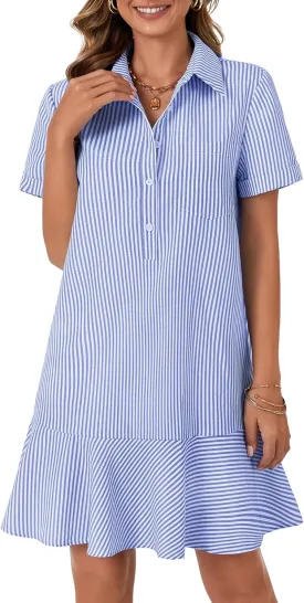 OPOIPIN Women's Collared V Neck Stripe Short Sleeve Button UP Ruffle Hem Shirt Tunic Mini Dress