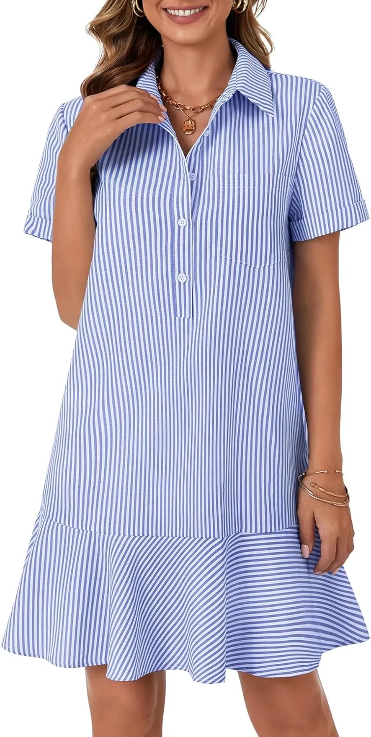 OPOIPIN Women's Collared V Neck Stripe Short Sleeve Button UP Ruffle Hem Shirt Tunic Mini Dress