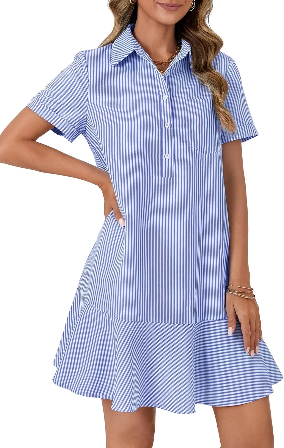 OPOIPIN Women's Collared V Neck Stripe Short Sleeve Button UP Ruffle Hem Shirt Tunic Mini Dress