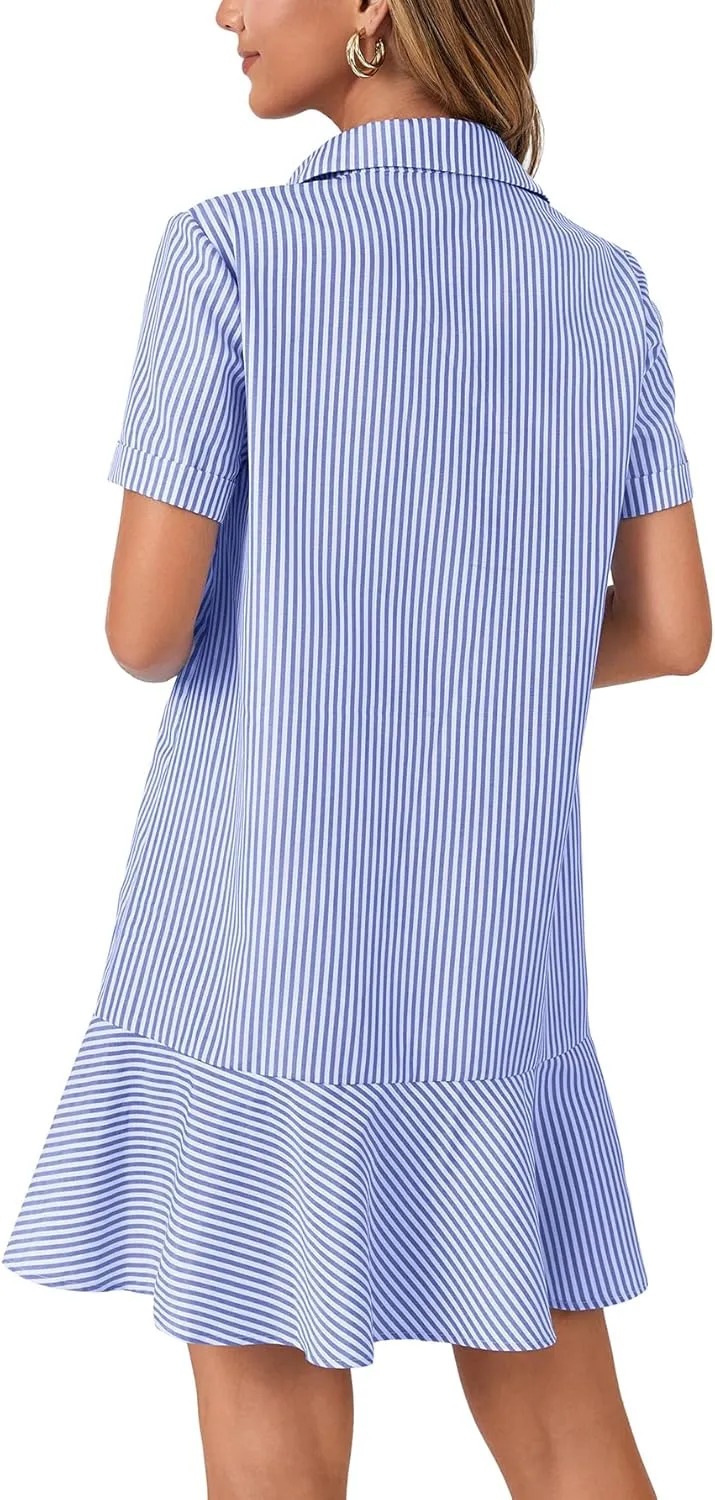 OPOIPIN Women's Collared V Neck Stripe Short Sleeve Button UP Ruffle Hem Shirt Tunic Mini Dress