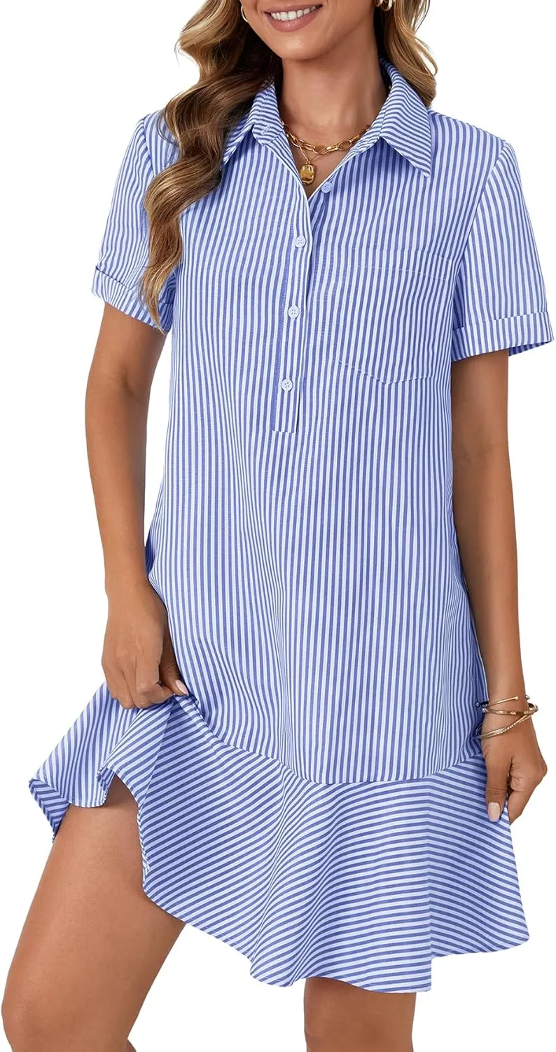 OPOIPIN Women's Collared V Neck Stripe Short Sleeve Button UP Ruffle Hem Shirt Tunic Mini Dress