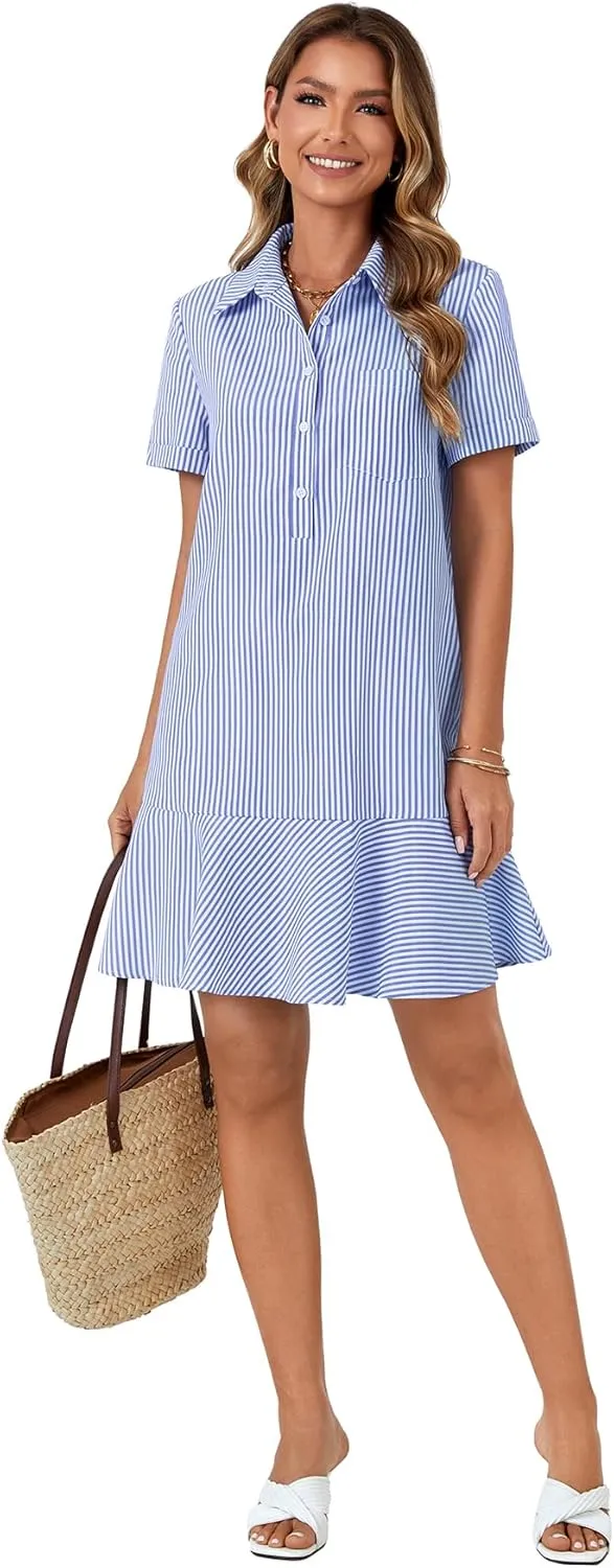 OPOIPIN Women's Collared V Neck Stripe Short Sleeve Button UP Ruffle Hem Shirt Tunic Mini Dress