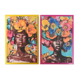 Painting Home ESPRIT Yellow Pink Modern African Woman 80 x 3,3 x 120 cm (2 Units)