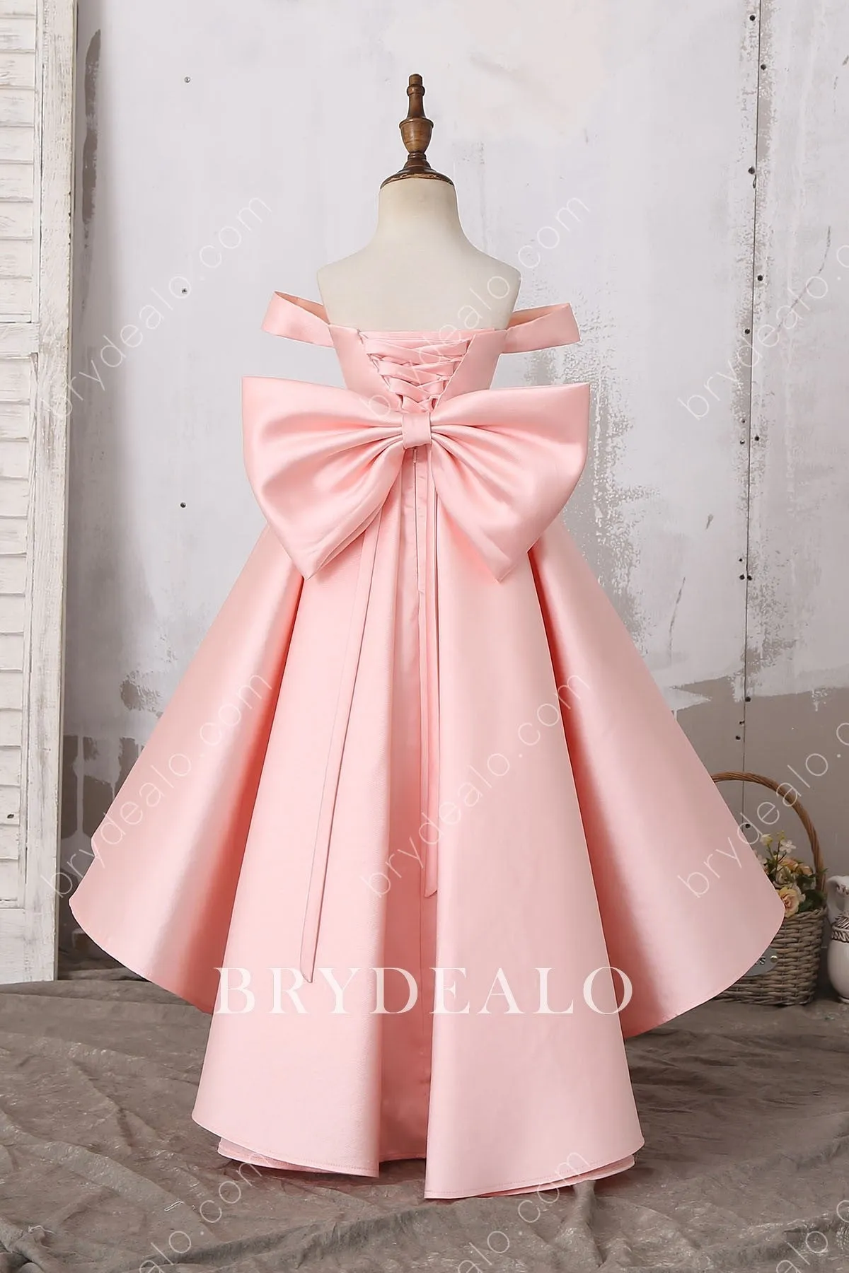 Pink Off-shoulder Big Bow Designer Structured High Low Flower Girl Dress