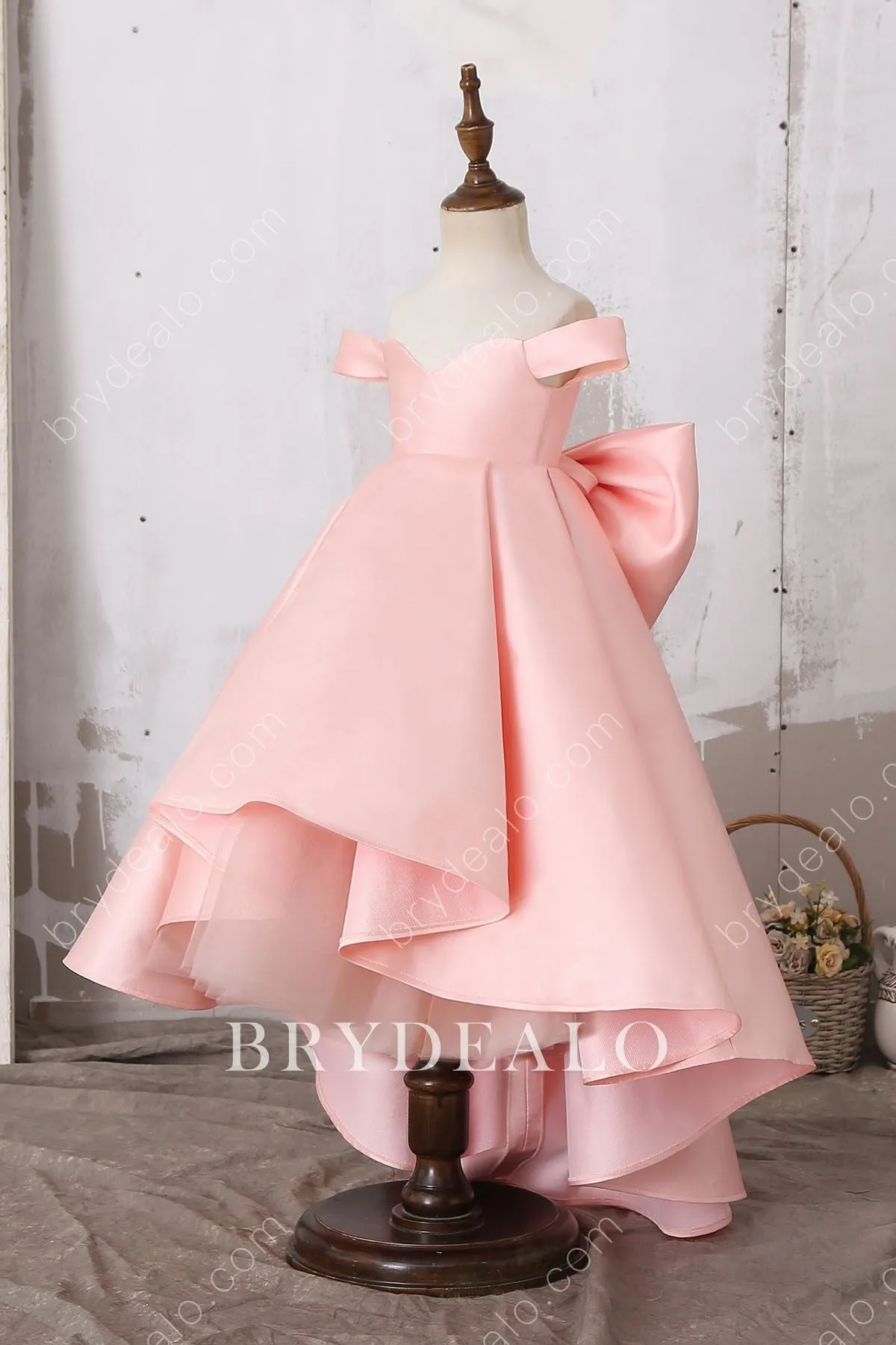 Pink Off-shoulder Big Bow Designer Structured High Low Flower Girl Dress