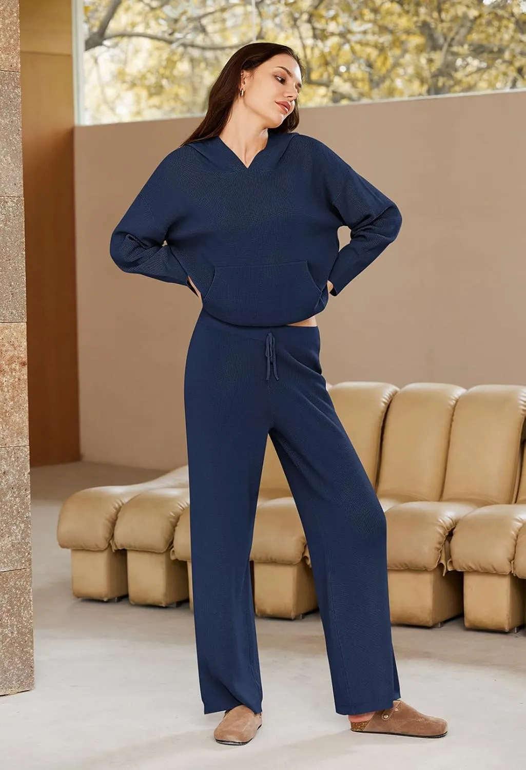Pink Queen Sweater Set for Women Pullover Hoodie Matching Wide Leg Pants Loose Knitted Sweatsuit with Pocket