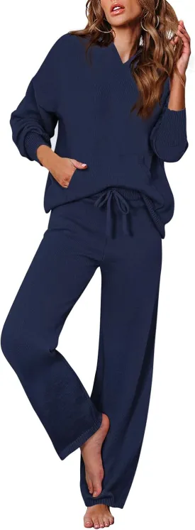Pink Queen Sweater Set for Women Pullover Hoodie Matching Wide Leg Pants Loose Knitted Sweatsuit with Pocket
