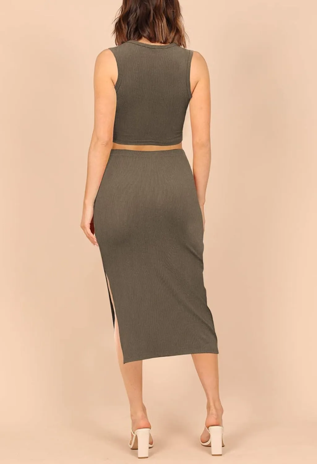 Pink Queen Women's 2 Piece Crew Neck Sleeveless Ribbed Tank Top Bodycon Slit Midi Skirt Outfit Dress Set