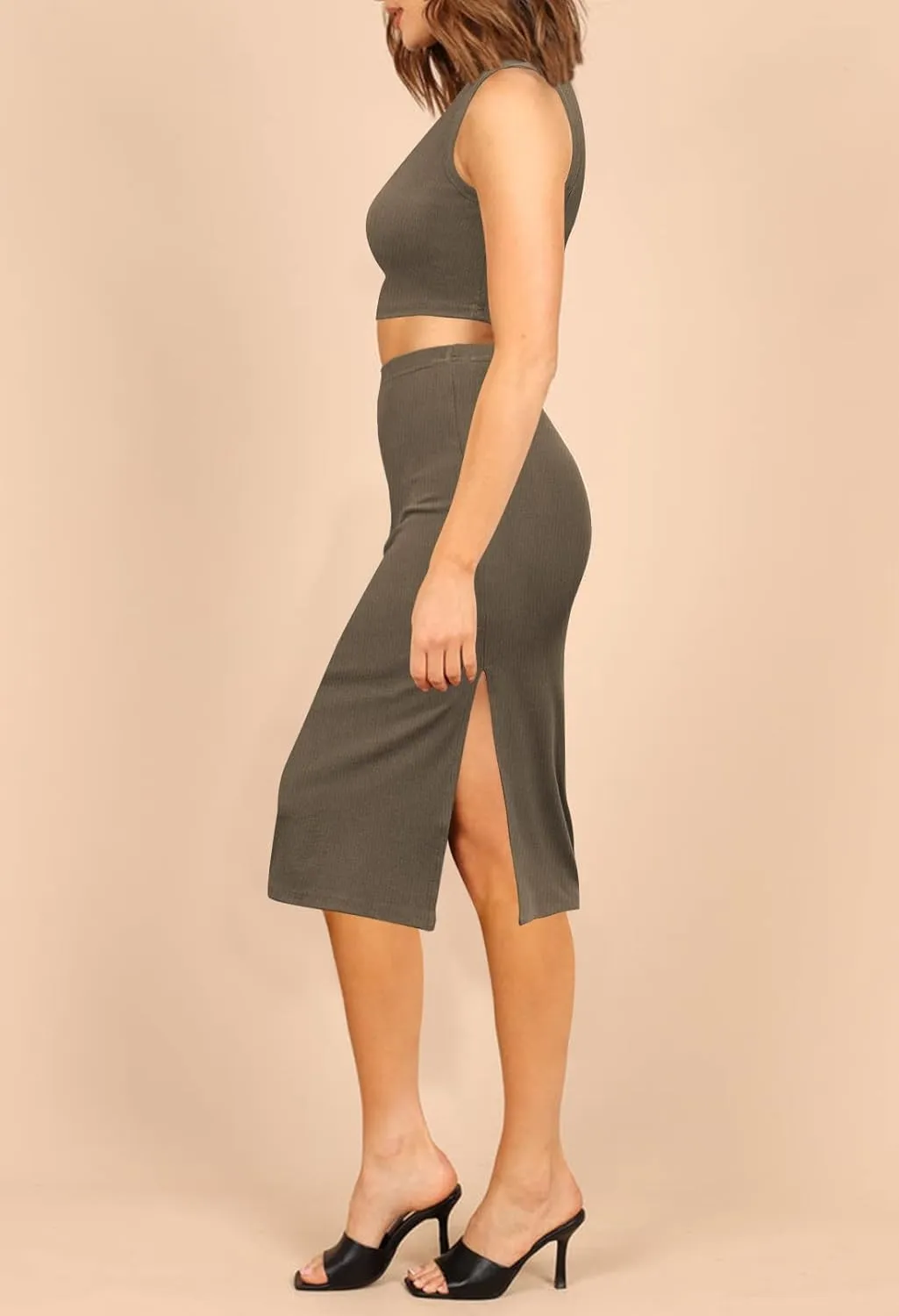 Pink Queen Women's 2 Piece Crew Neck Sleeveless Ribbed Tank Top Bodycon Slit Midi Skirt Outfit Dress Set